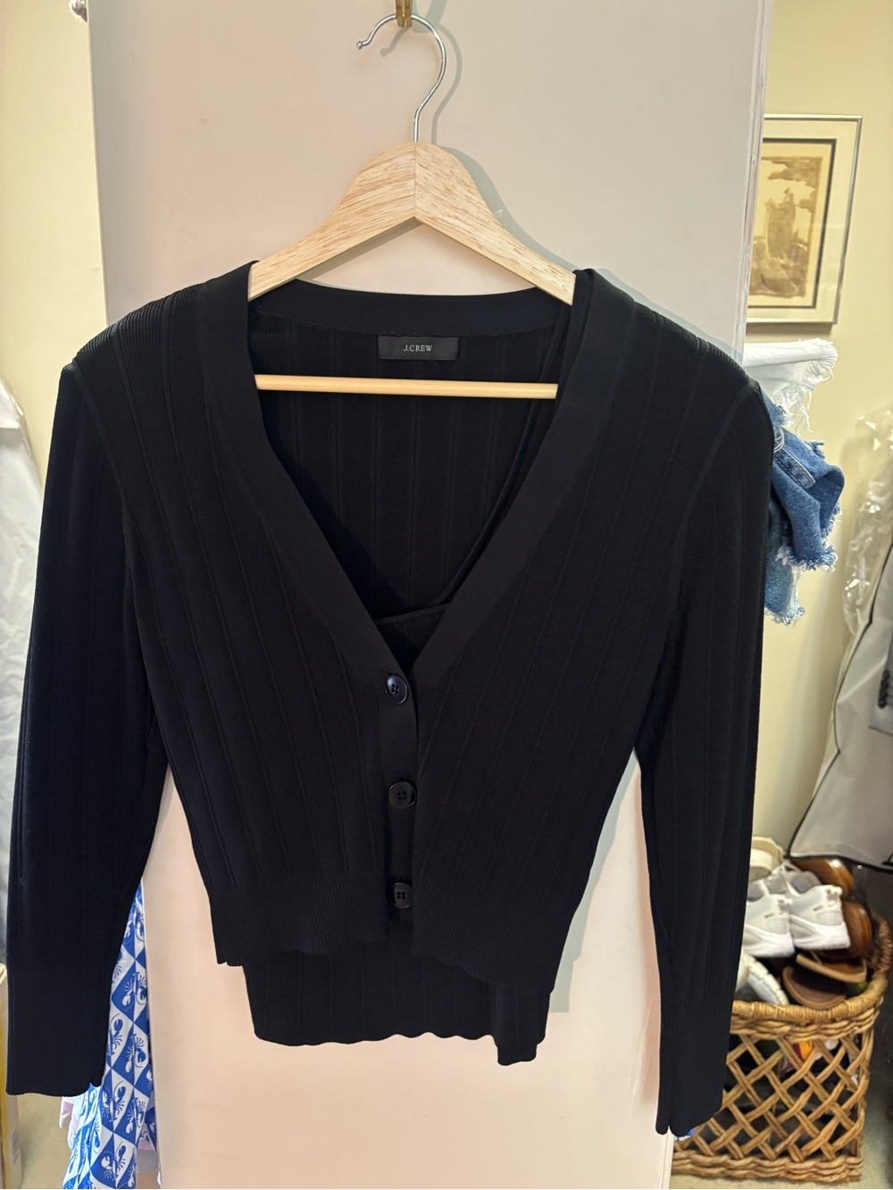 J. Crew Black Ribbed Knit Scoop-Neck Cardigan Set XS